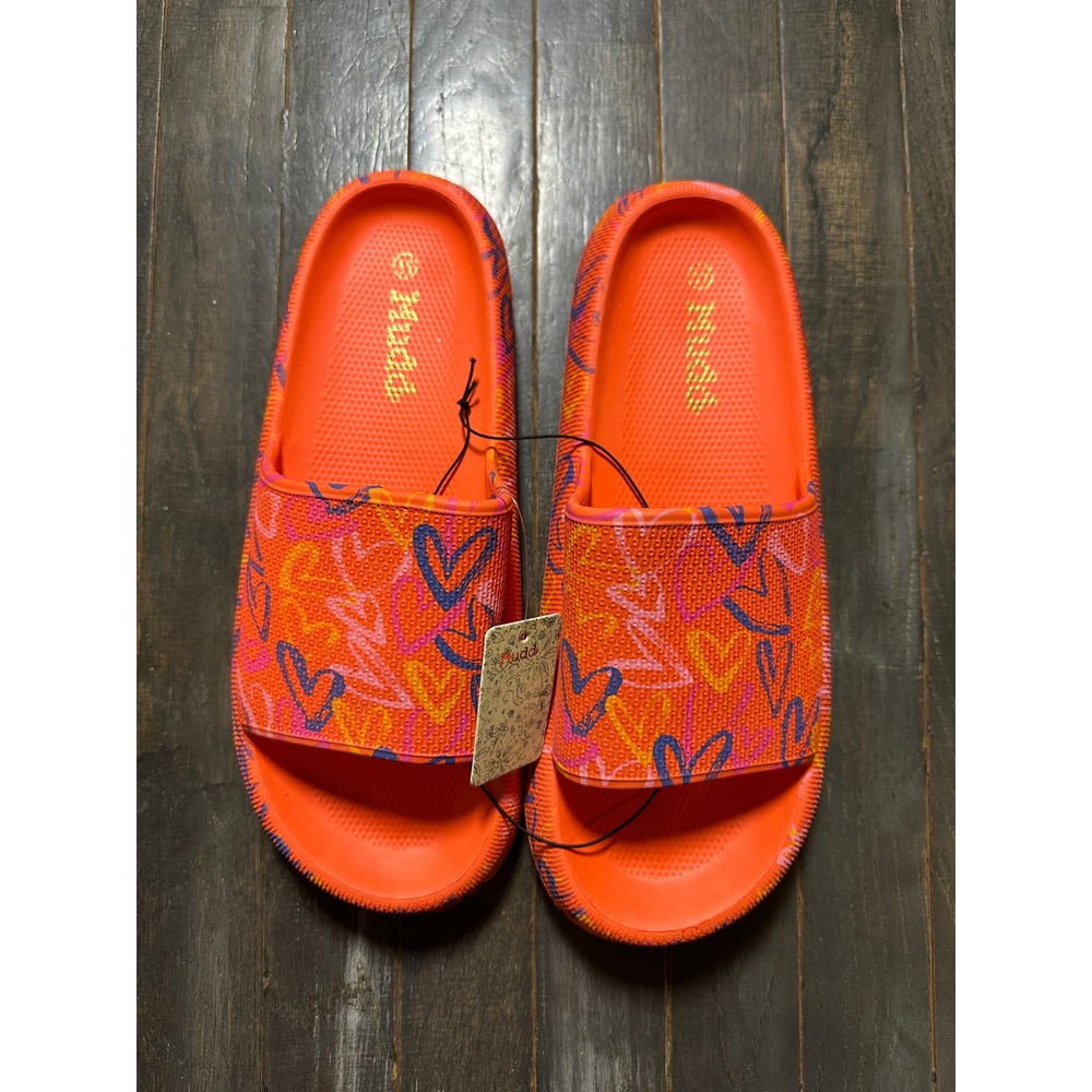 Mudd Womens Orange Heart Print Slide Sandals Casual Summer Beach Shoes